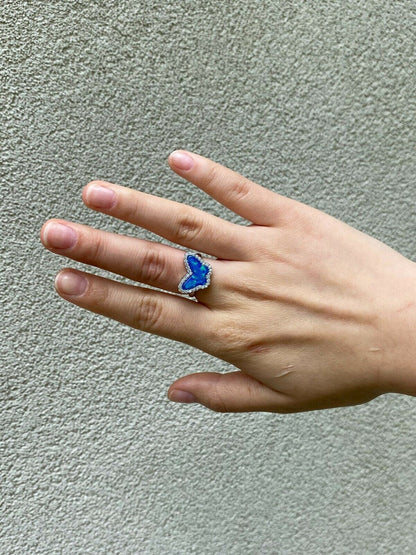 HarlemBling Real 925 Sterling Silver Butterfly Blue Opal Ring Necklace and Earrings Ladies Set