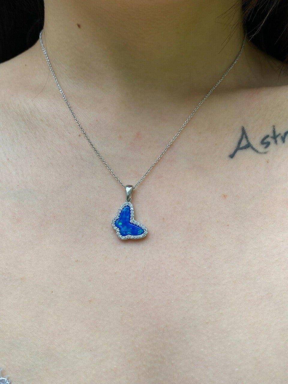 HarlemBling Real 925 Sterling Silver Butterfly Blue Opal Ring Necklace and Earrings Ladies Set