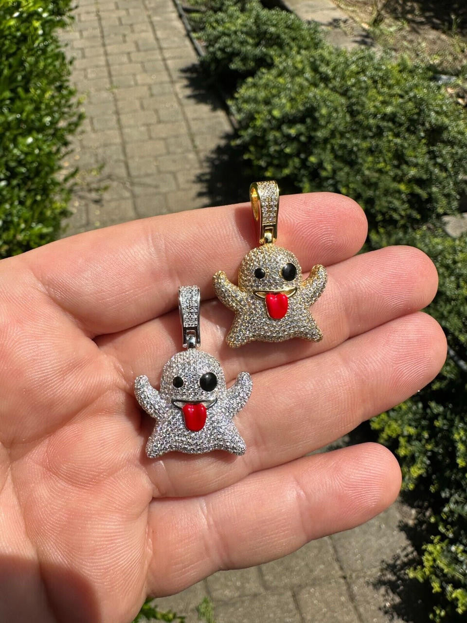 HarlemBling Real 925 Sterling Silver Gold Plated Snapchat Laughing Ghost Piece Pendant CZ