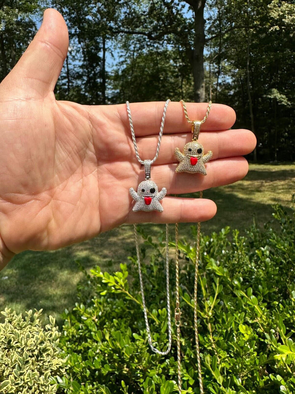 HarlemBling Real 925 Sterling Silver Gold Plated Snapchat Laughing Ghost Piece Pendant CZ