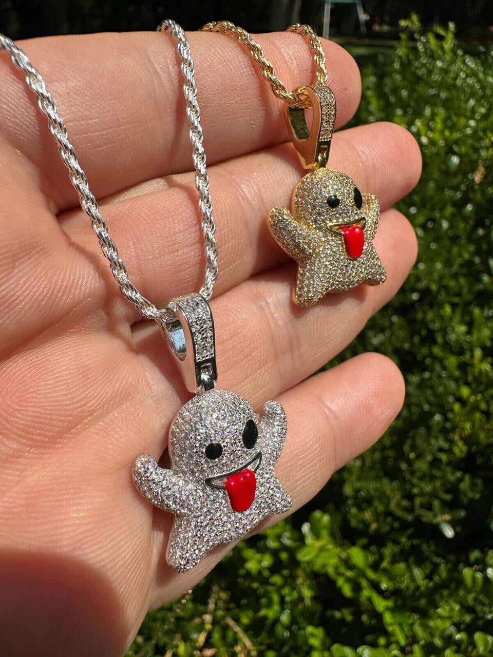 HarlemBling Real 925 Sterling Silver Gold Plated Snapchat Laughing Ghost Piece Pendant CZ