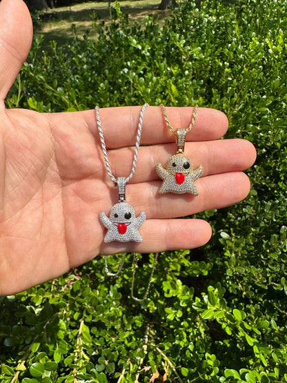 HarlemBling Real 925 Sterling Silver Gold Plated Snapchat Laughing Ghost Piece Pendant CZ