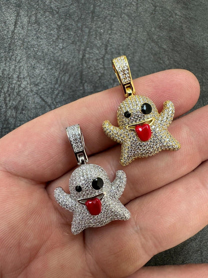 HarlemBling Real 925 Sterling Silver Gold Plated Snapchat Laughing Ghost Piece Pendant CZ