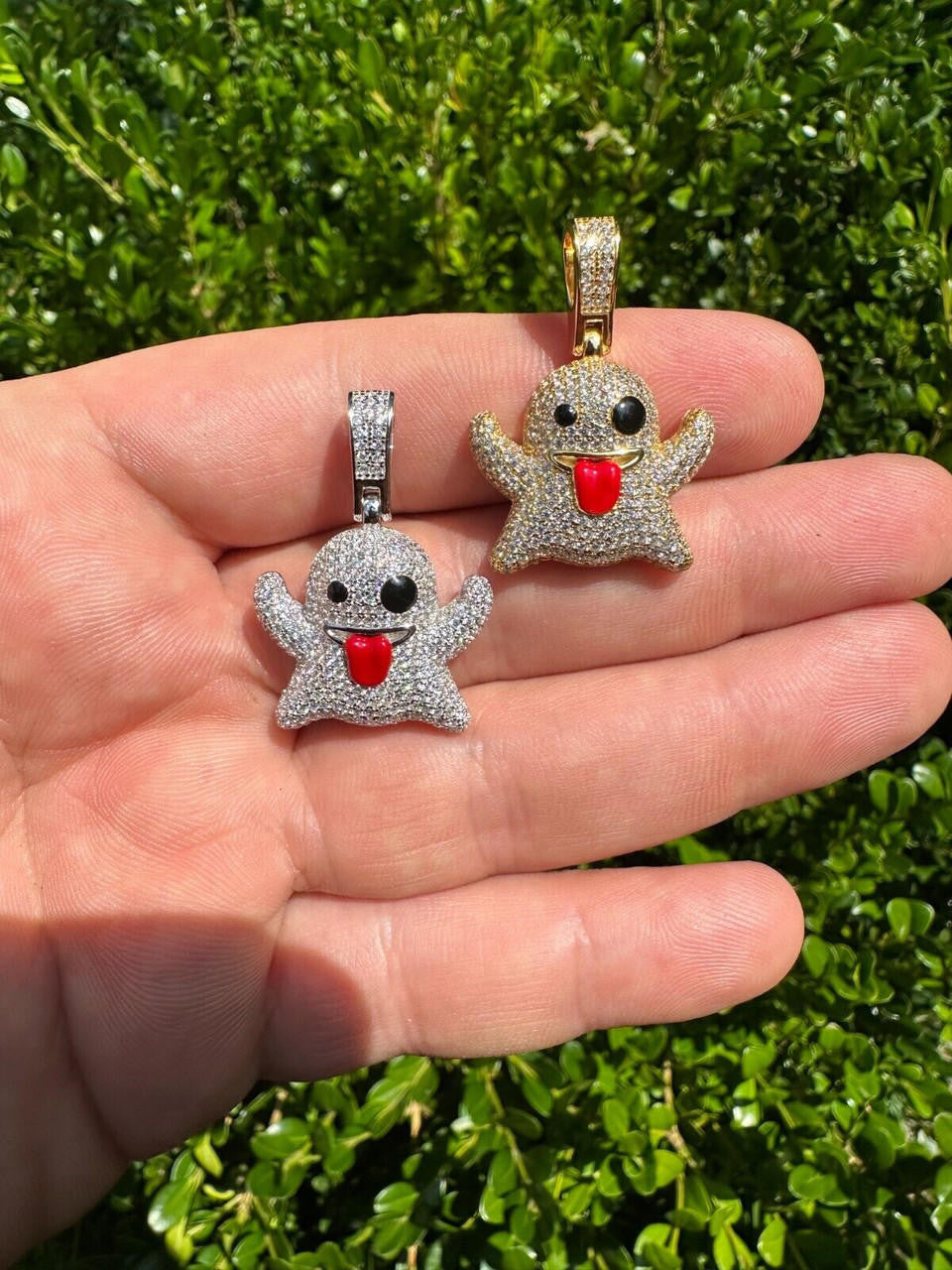 HarlemBling Real 925 Sterling Silver Gold Plated Snapchat Laughing Ghost Piece Pendant CZ