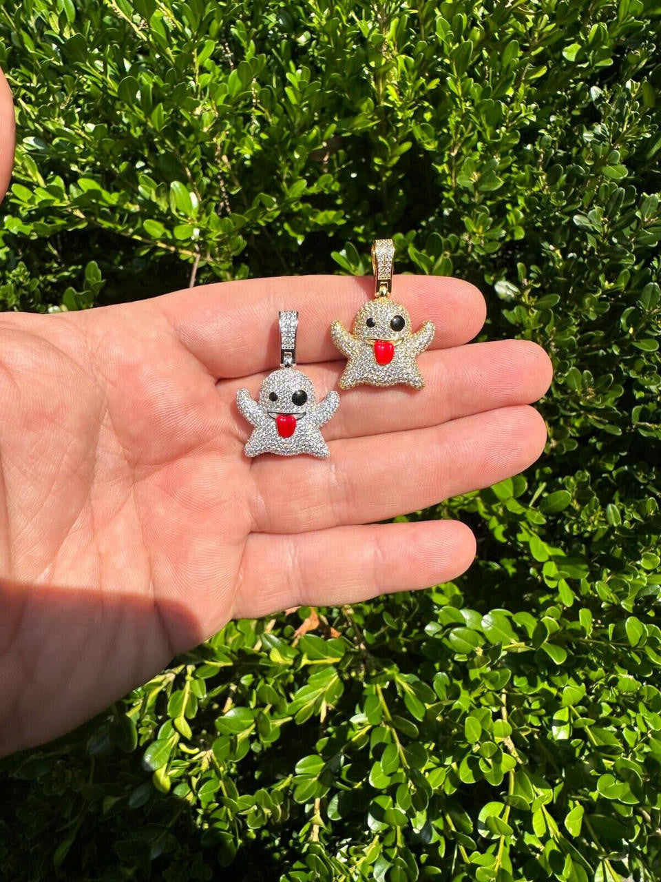 HarlemBling Real 925 Sterling Silver Gold Plated Snapchat Laughing Ghost Piece Pendant CZ