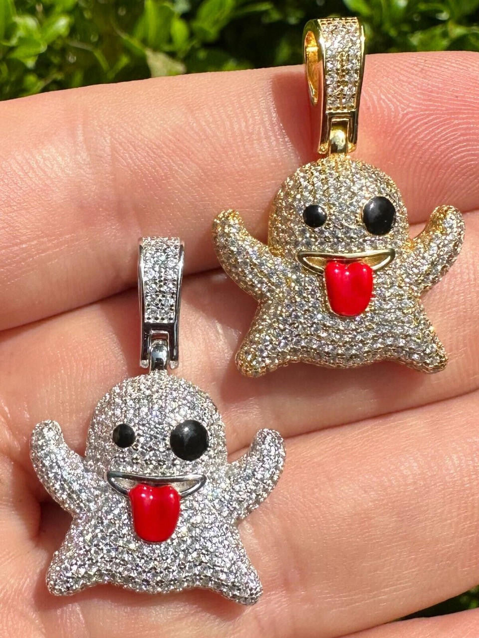 HarlemBling Real 925 Sterling Silver Gold Plated Snapchat Laughing Ghost Piece Pendant CZ