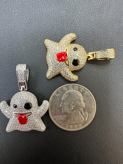 HarlemBling Real 925 Sterling Silver Gold Plated Snapchat Laughing Ghost Piece Pendant CZ