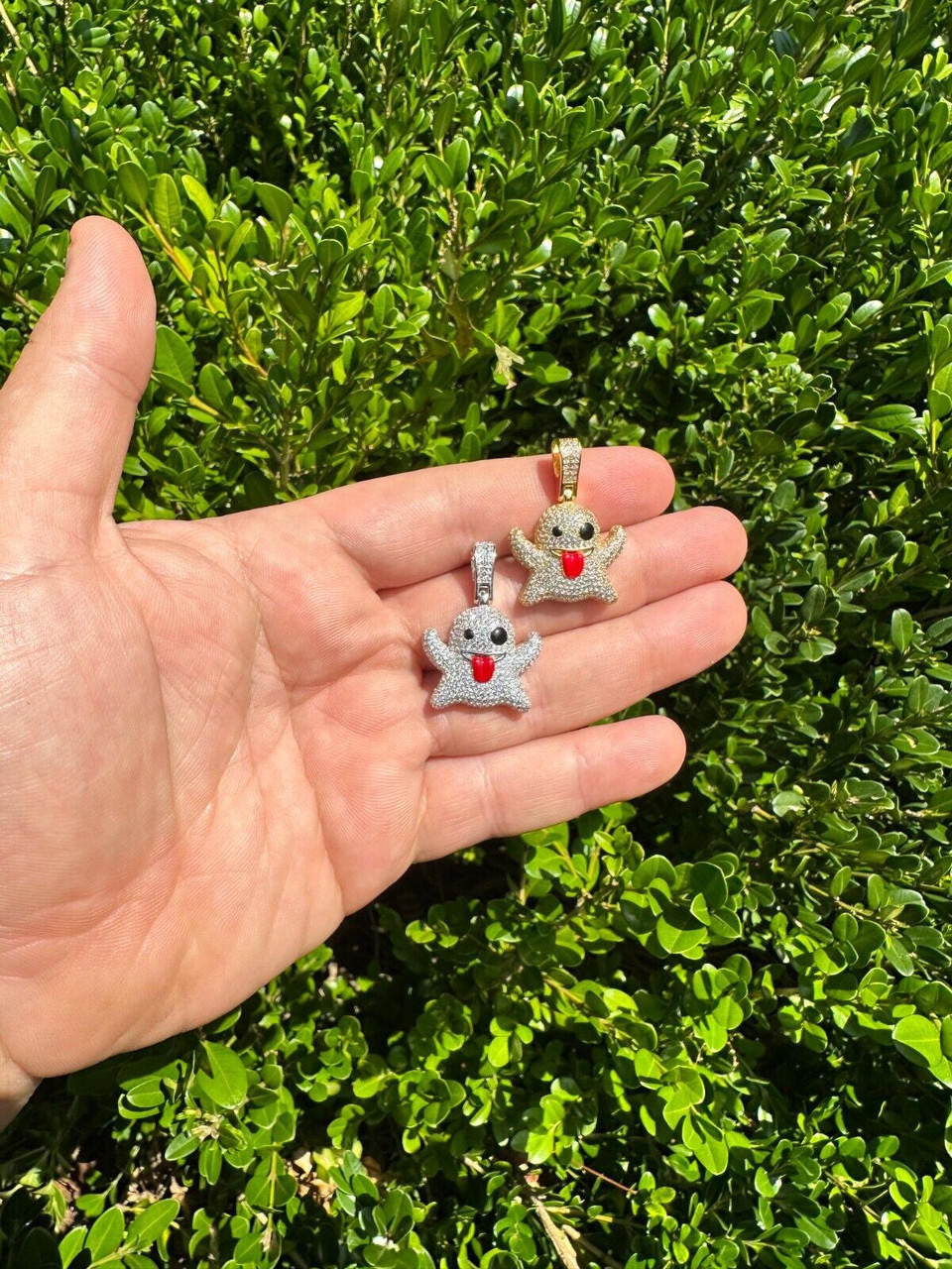 HarlemBling Real 925 Sterling Silver Gold Plated Snapchat Laughing Ghost Piece Pendant CZ