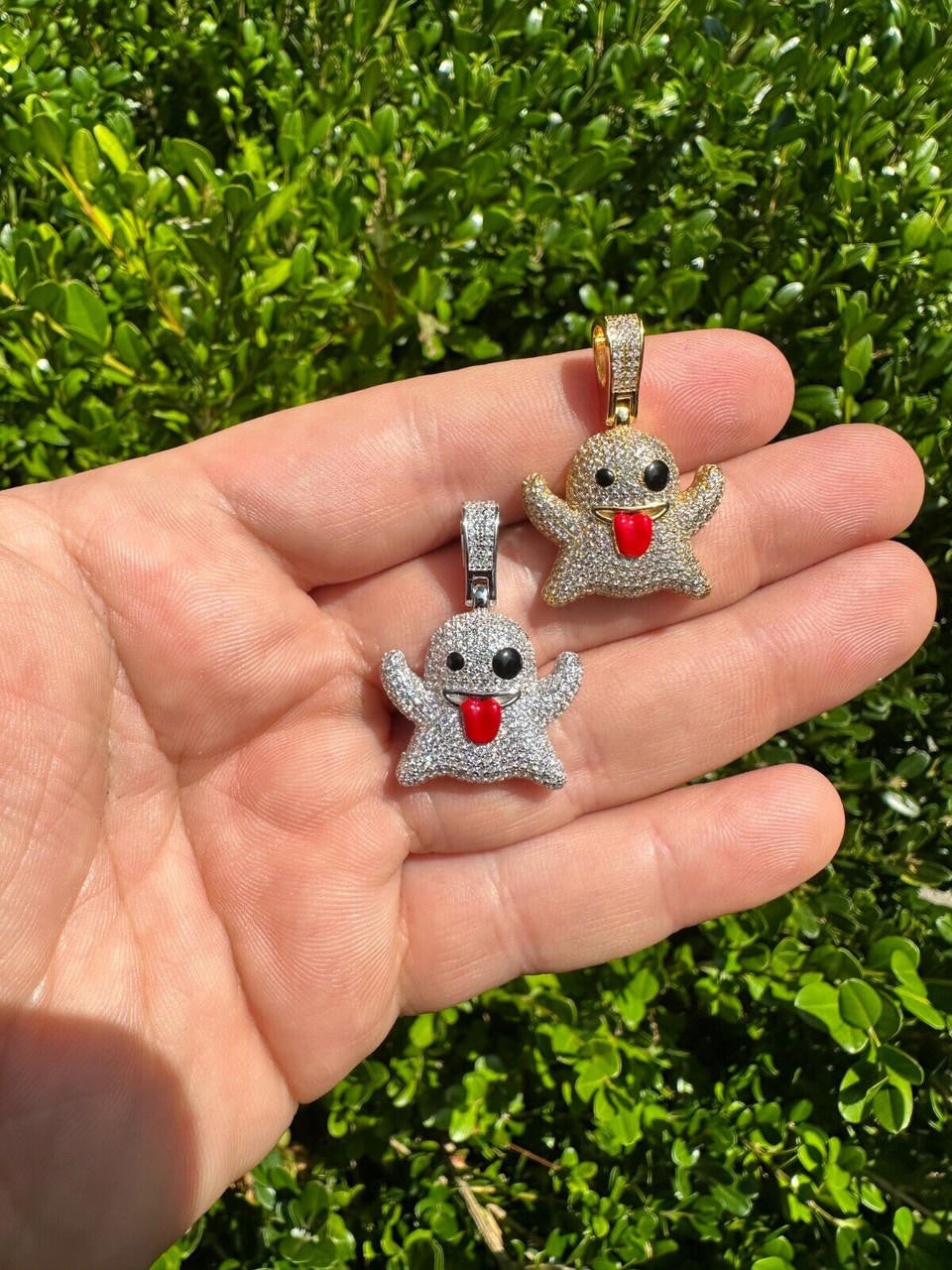 HarlemBling Real 925 Sterling Silver Gold Plated Snapchat Laughing Ghost Piece Pendant CZ