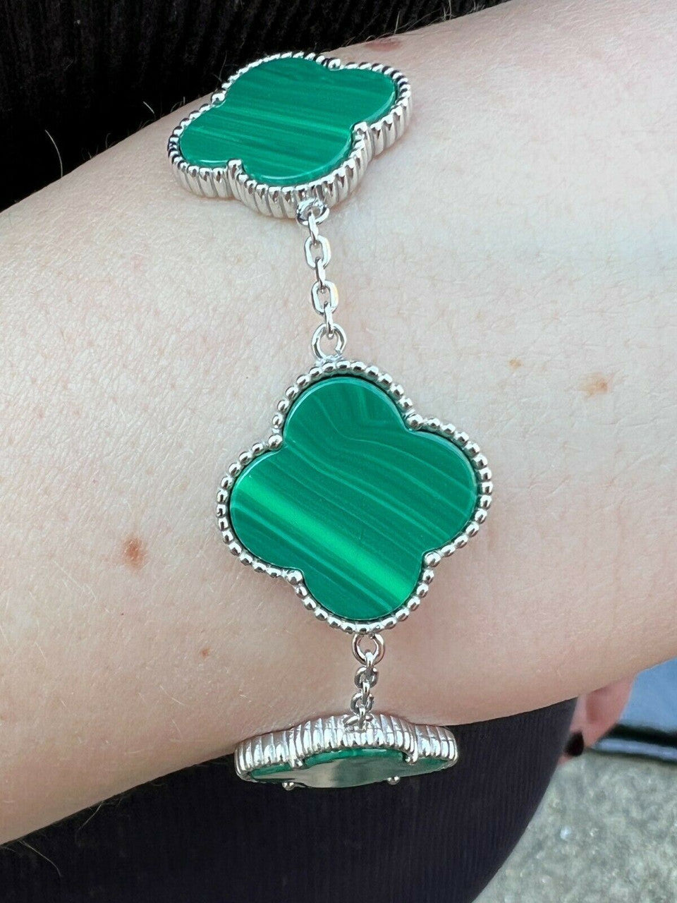 HarlemBling Real 925 Sterling Silver Green Malachite Four Leaf Clover Flower Bracelet 6-7.5