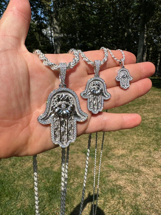 HarlemBling Real 925 Sterling Silver Hamsa Evil Eye Hand Iced MOISSANITE Pendant - 3 Sizes