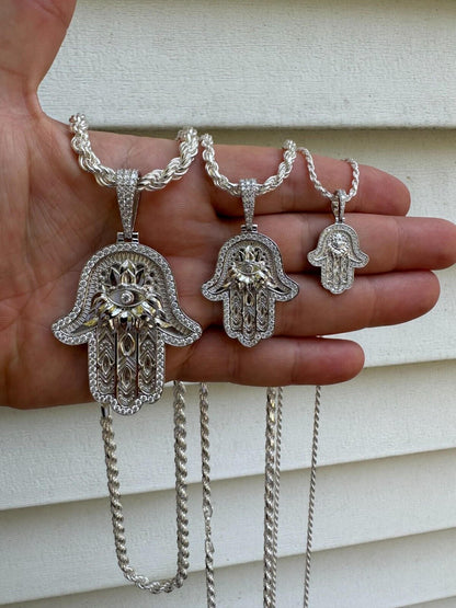 HarlemBling Real 925 Sterling Silver Hamsa Evil Eye Hand Iced MOISSANITE Pendant - 3 Sizes