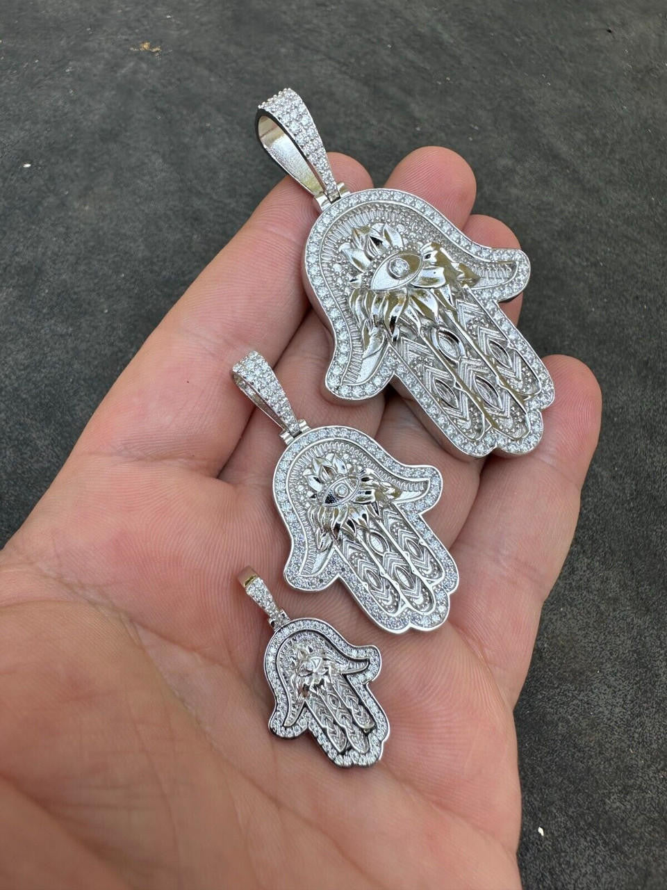 HarlemBling Real 925 Sterling Silver Hamsa Evil Eye Hand Iced MOISSANITE Pendant - 3 Sizes