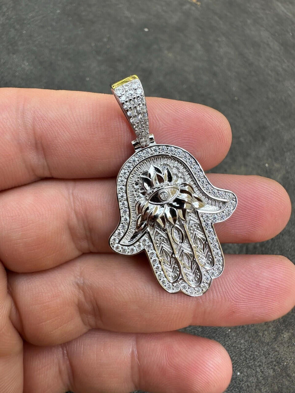 Real 925 Sterling Silver Hamsa Evil Eye Hand Iced MOISSANITE