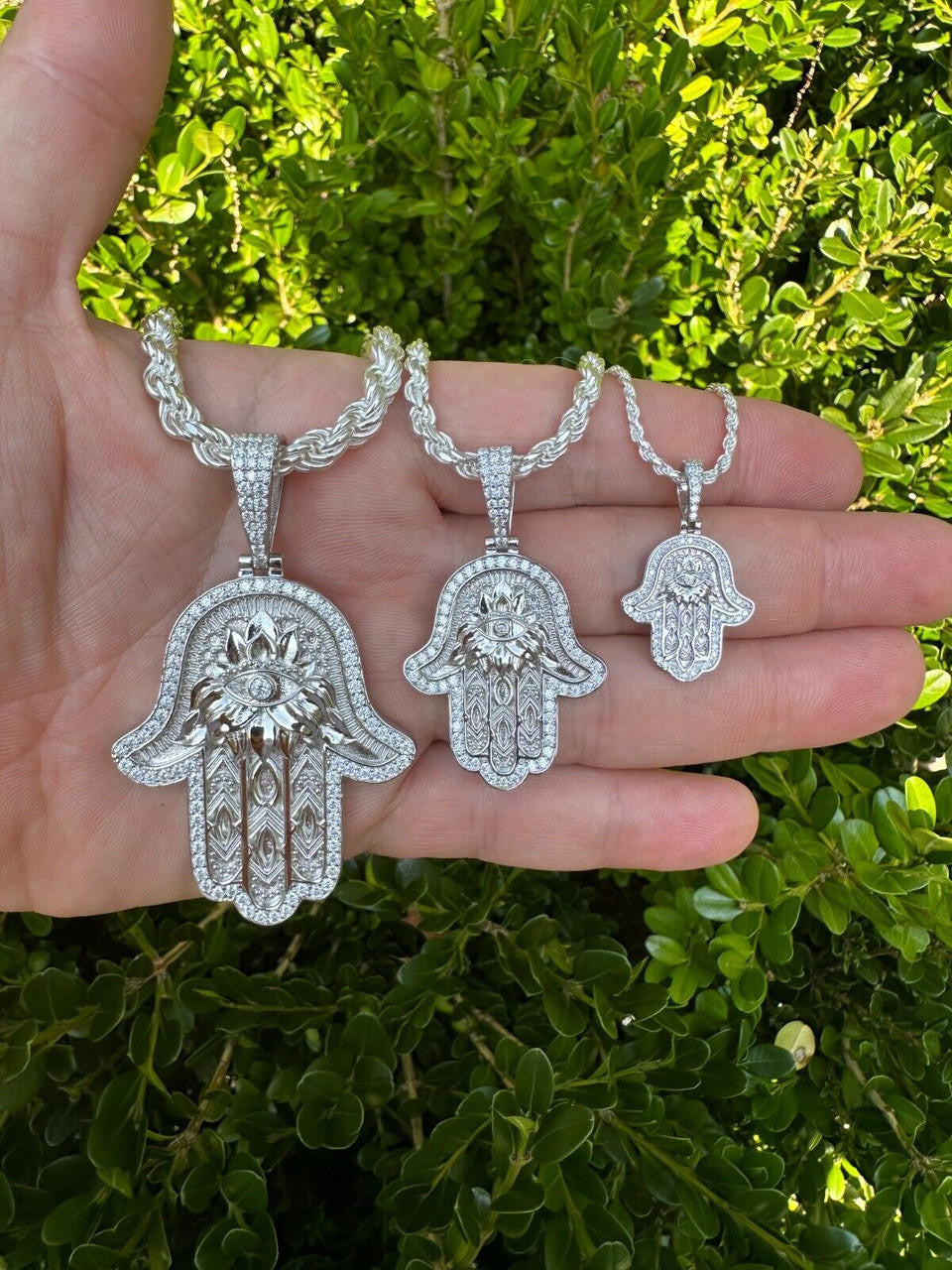 HarlemBling Real 925 Sterling Silver Hamsa Evil Eye Hand Iced MOISSANITE Pendant - 3 Sizes