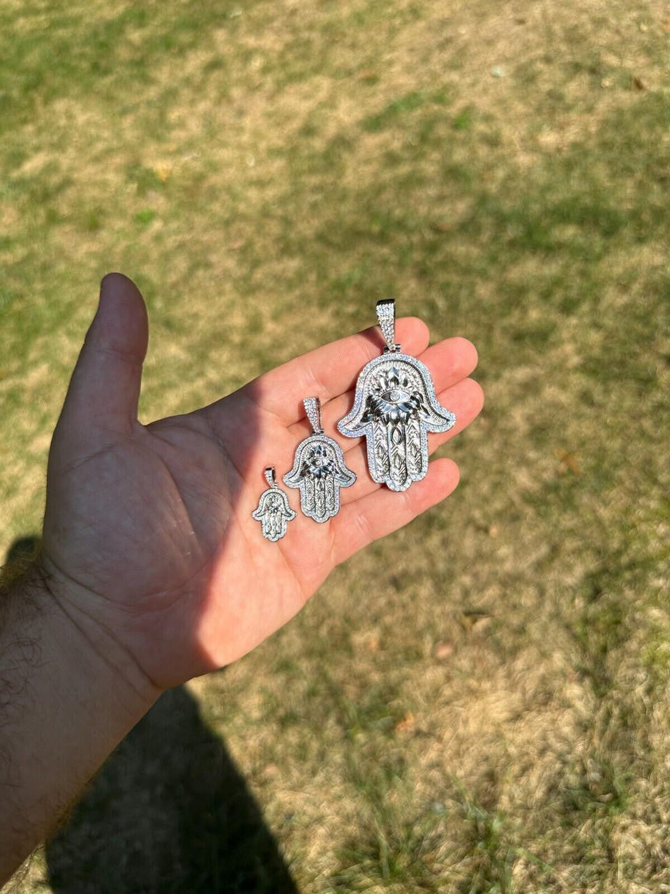 HarlemBling Real 925 Sterling Silver Hamsa Evil Eye Hand Iced MOISSANITE Pendant - 3 Sizes