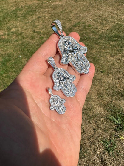 HarlemBling Real 925 Sterling Silver Hamsa Evil Eye Hand Iced MOISSANITE Pendant - 3 Sizes