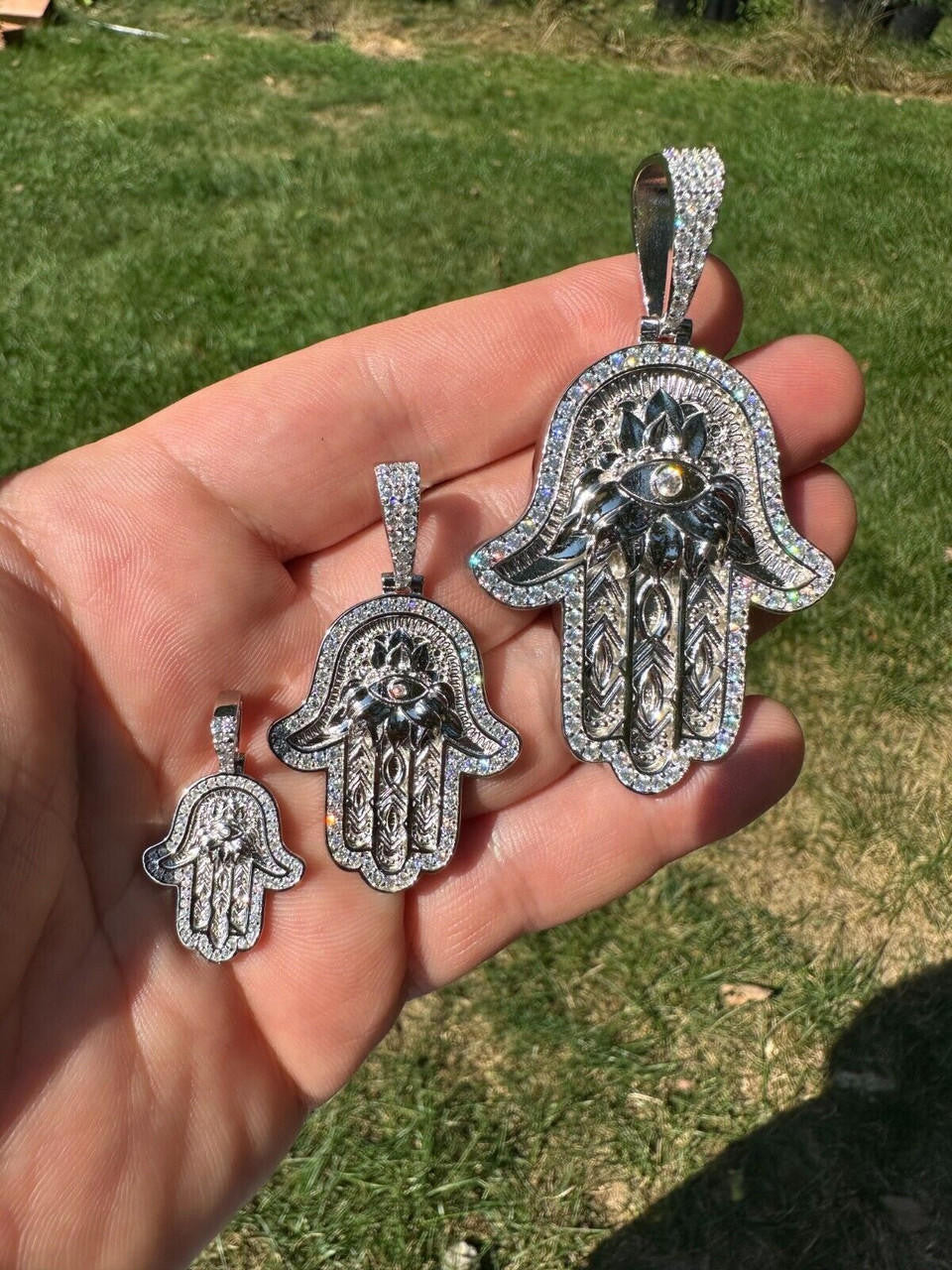 HarlemBling Real 925 Sterling Silver Hamsa Evil Eye Hand Iced MOISSANITE Pendant - 3 Sizes
