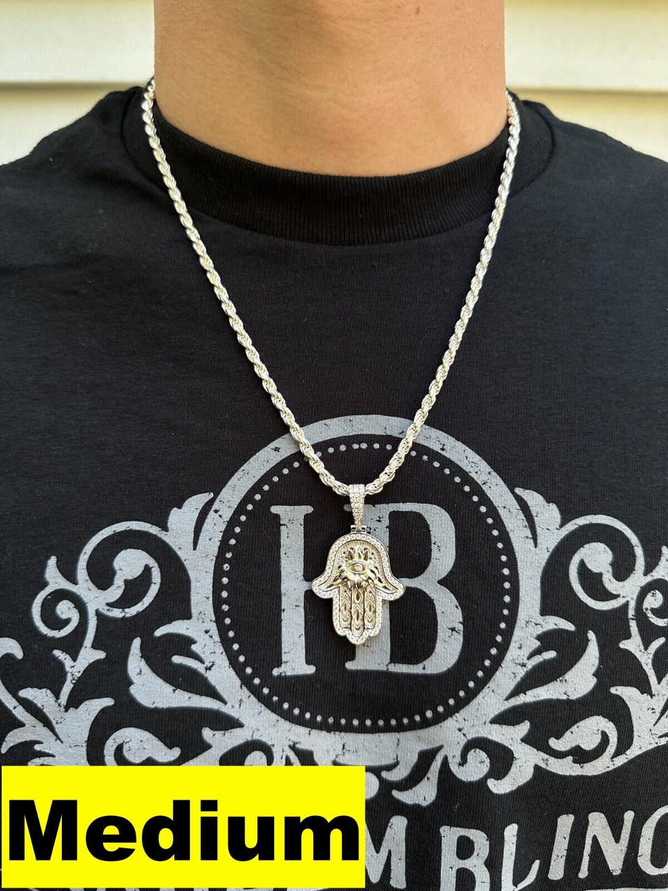 HarlemBling Real 925 Sterling Silver Hamsa Evil Eye Hand Iced MOISSANITE Pendant - 3 Sizes