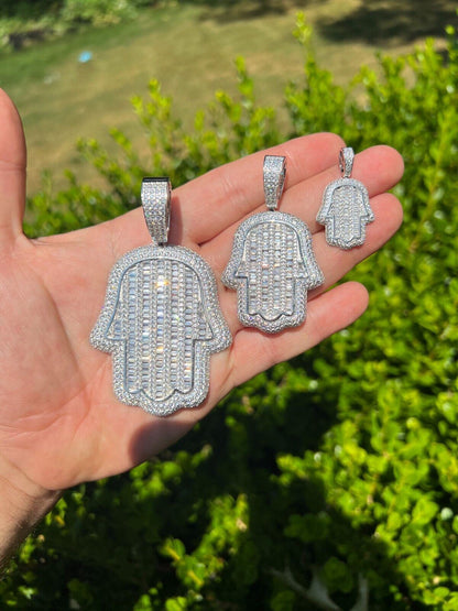 HarlemBling Real 925 Sterling Silver Hand Hamsa Iced Baguette CZ Hip Hop Pendant Necklace