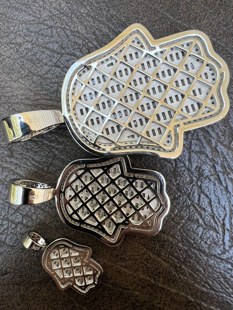 HarlemBling Real 925 Sterling Silver Hand Hamsa Iced Baguette CZ Hip Hop Pendant Necklace