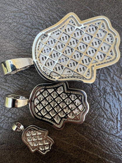 HarlemBling Real 925 Sterling Silver Hand Hamsa Iced Baguette CZ Hip Hop Pendant Necklace