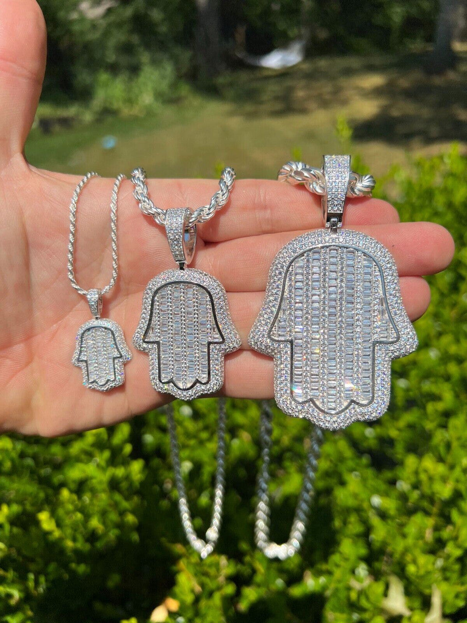 HarlemBling Real 925 Sterling Silver Hand Hamsa Iced Baguette CZ Hip Hop Pendant Necklace