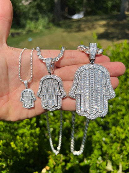 HarlemBling Real 925 Sterling Silver Hand Hamsa Iced Baguette CZ Hip Hop Pendant Necklace