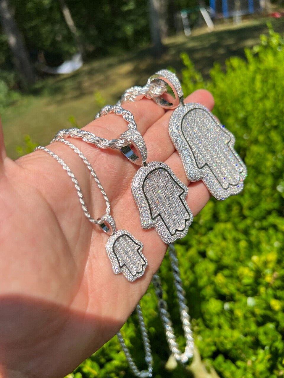 HarlemBling Real 925 Sterling Silver Hand Hamsa Iced Baguette CZ Hip Hop Pendant Necklace