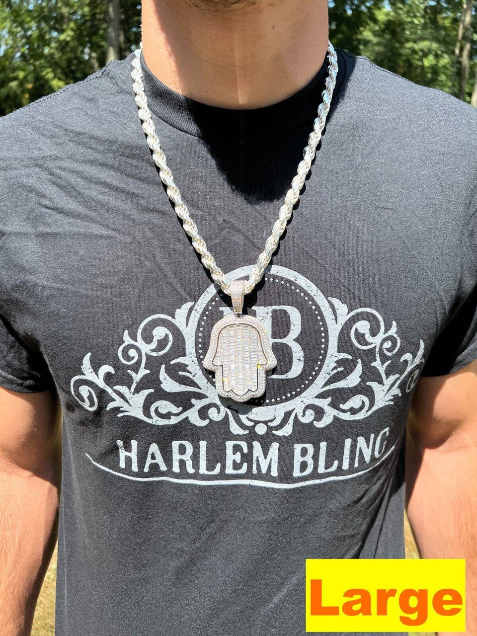 HarlemBling Real 925 Sterling Silver Hand Hamsa Iced Baguette CZ Hip Hop Pendant Necklace