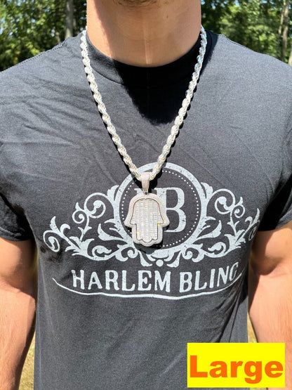 HarlemBling Real 925 Sterling Silver Hand Hamsa Iced Baguette CZ Hip Hop Pendant Necklace