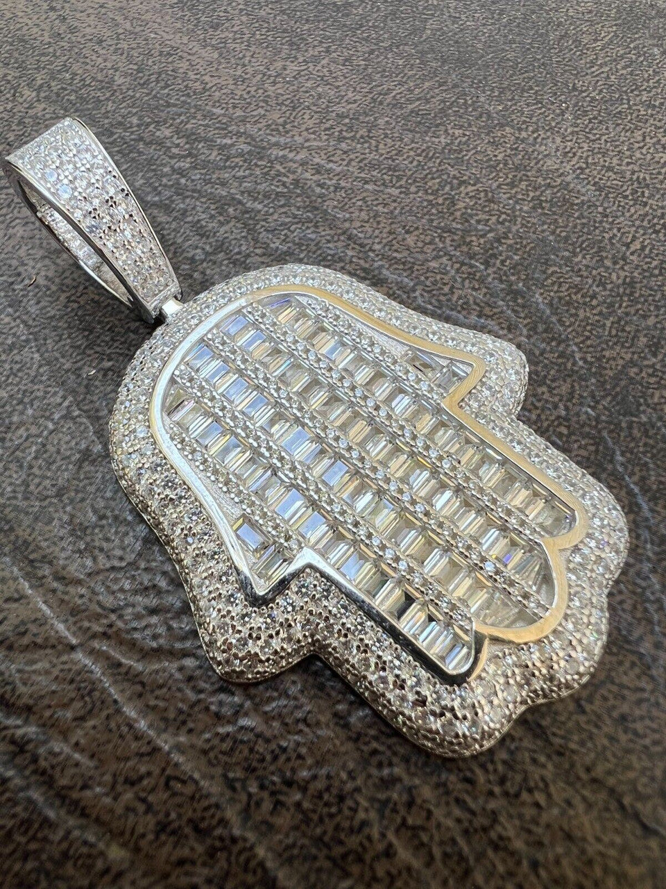 HarlemBling Real 925 Sterling Silver Hand Hamsa Iced Baguette CZ Hip Hop Pendant Necklace