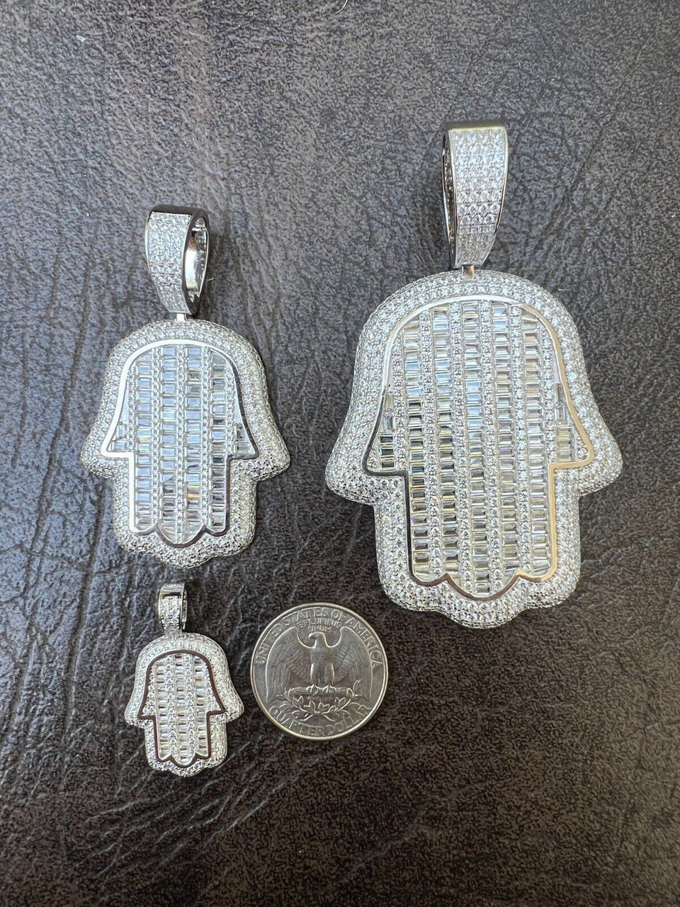 HarlemBling Real 925 Sterling Silver Hand Hamsa Iced Baguette CZ Hip Hop Pendant Necklace