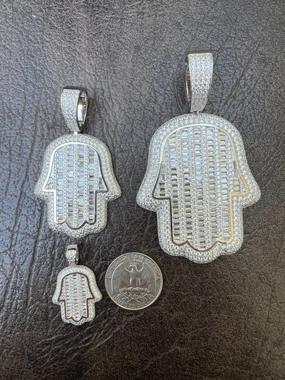 HarlemBling Real 925 Sterling Silver Hand Hamsa Iced Baguette CZ Hip Hop Pendant Necklace