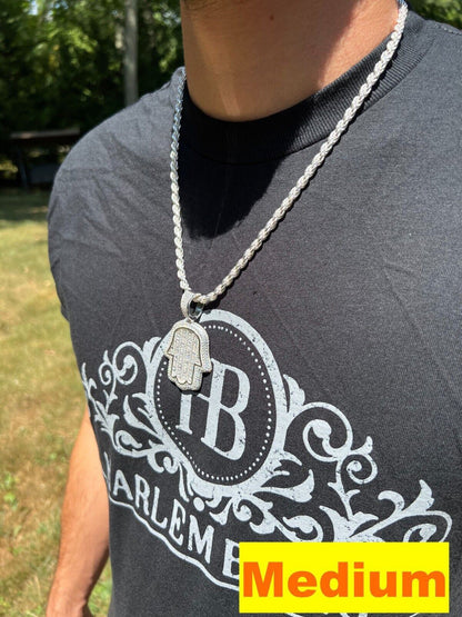 HarlemBling Real 925 Sterling Silver Hand Hamsa Iced Baguette CZ Hip Hop Pendant Necklace
