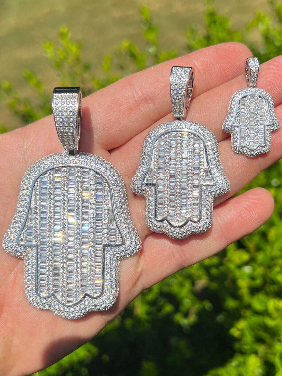 HarlemBling Real 925 Sterling Silver Hand Hamsa Iced Baguette CZ Hip Hop Pendant Necklace