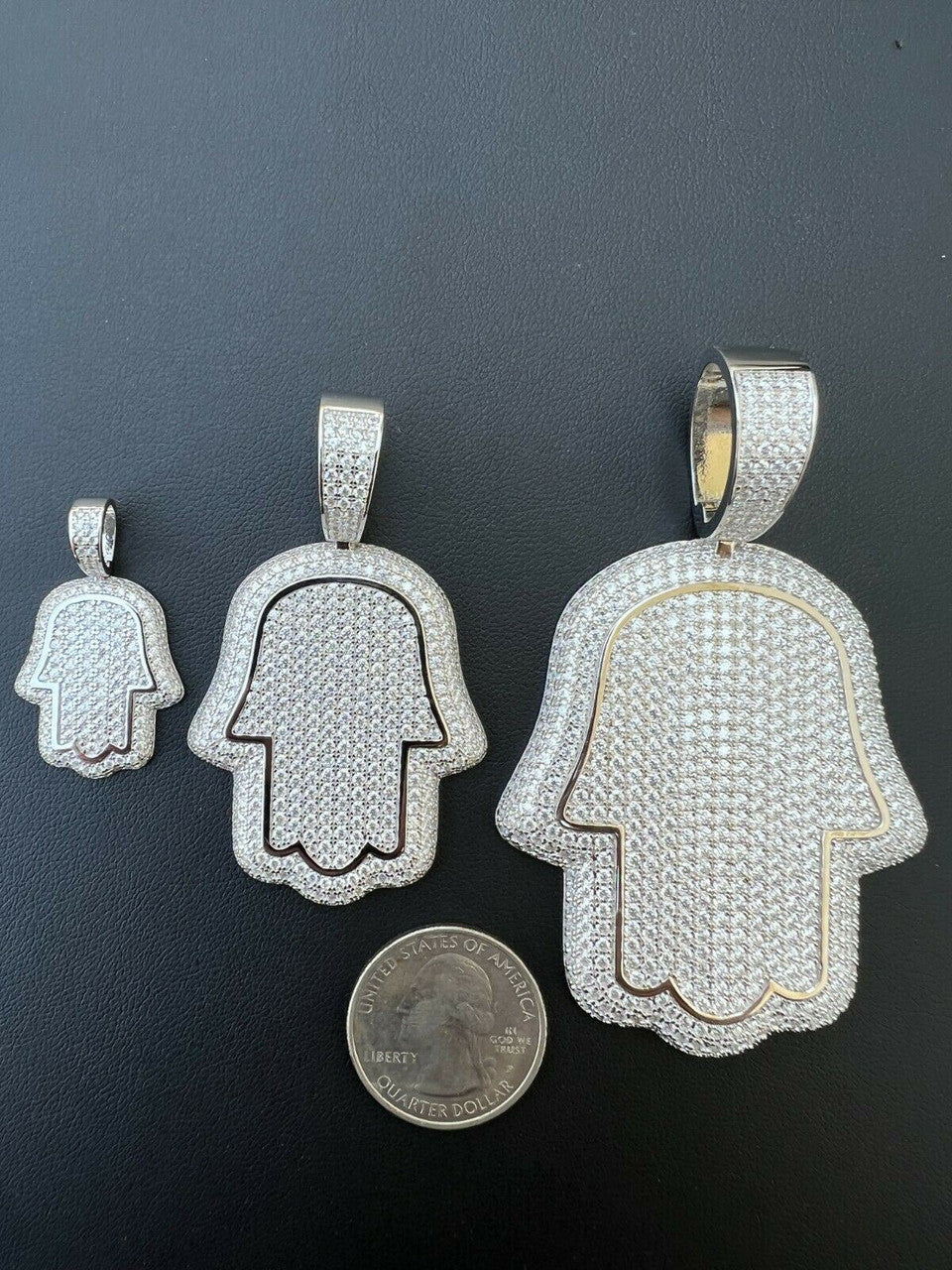 HarlemBling Real 925 Sterling Silver Hand Of God Hamsa Iced Hip Hop Diamond Pendant Necklace