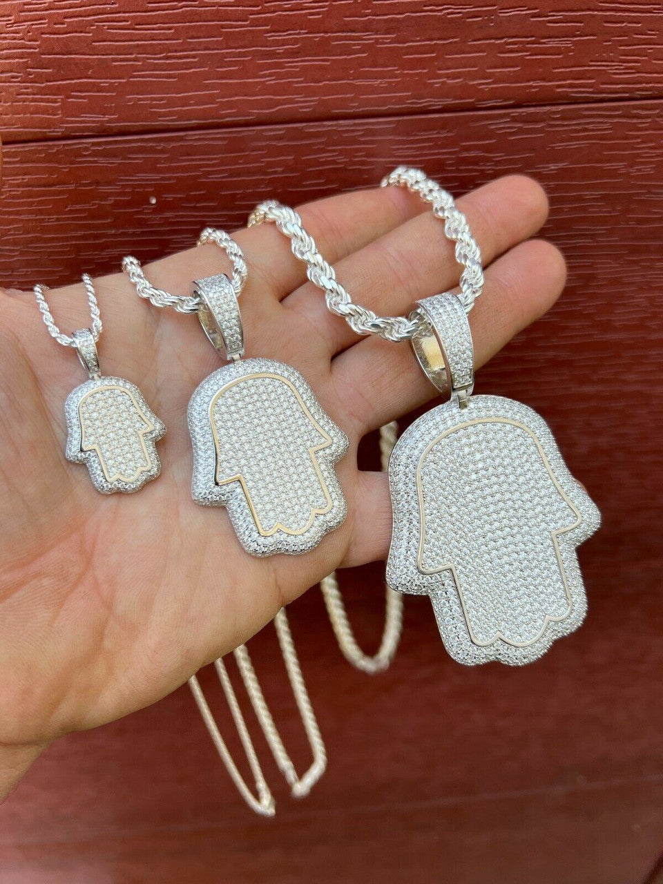 HarlemBling Real 925 Sterling Silver Hand Of God Hamsa Iced Hip Hop Diamond Pendant Necklace