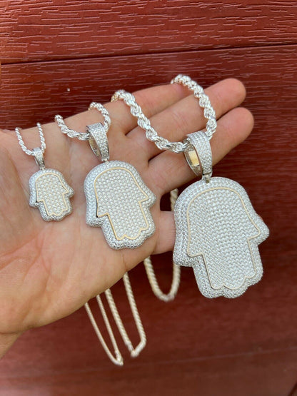HarlemBling Real 925 Sterling Silver Hand Of God Hamsa Iced Hip Hop Diamond Pendant Necklace