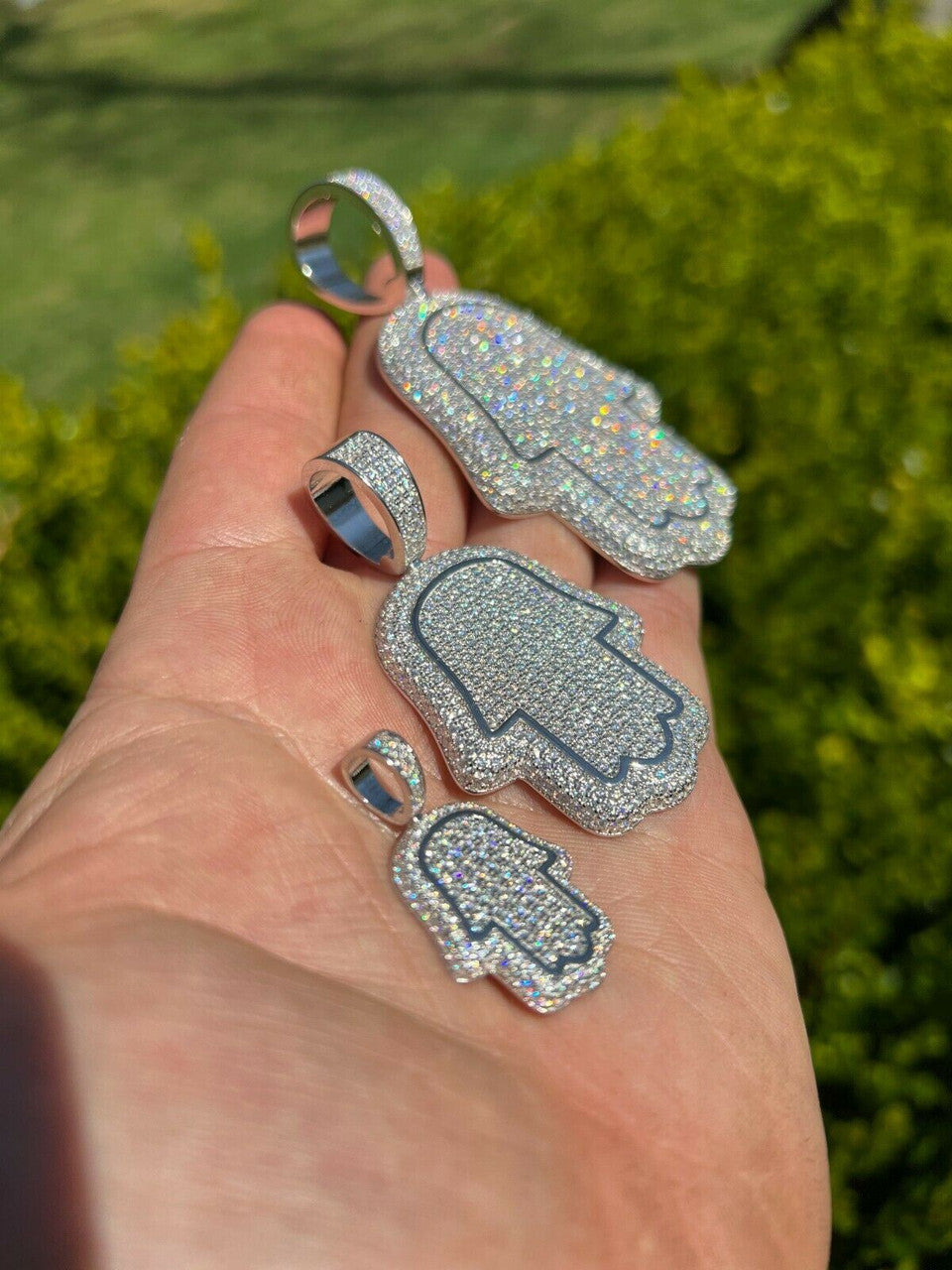 HarlemBling Real 925 Sterling Silver Hand Of God Hamsa Iced Hip Hop Diamond Pendant Necklace