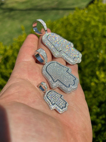 HarlemBling Real 925 Sterling Silver Hand Of God Hamsa Iced Hip Hop Diamond Pendant Necklace