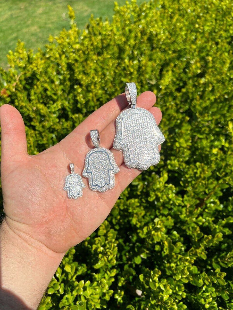 HarlemBling Real 925 Sterling Silver Hand Of God Hamsa Iced Hip Hop Diamond Pendant Necklace