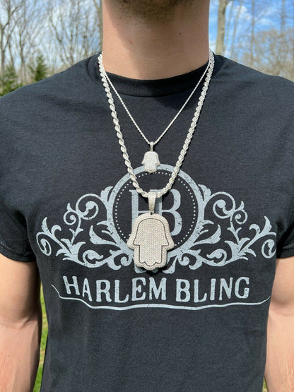 HarlemBling Real 925 Sterling Silver Hand Of God Hamsa Iced Hip Hop Diamond Pendant Necklace