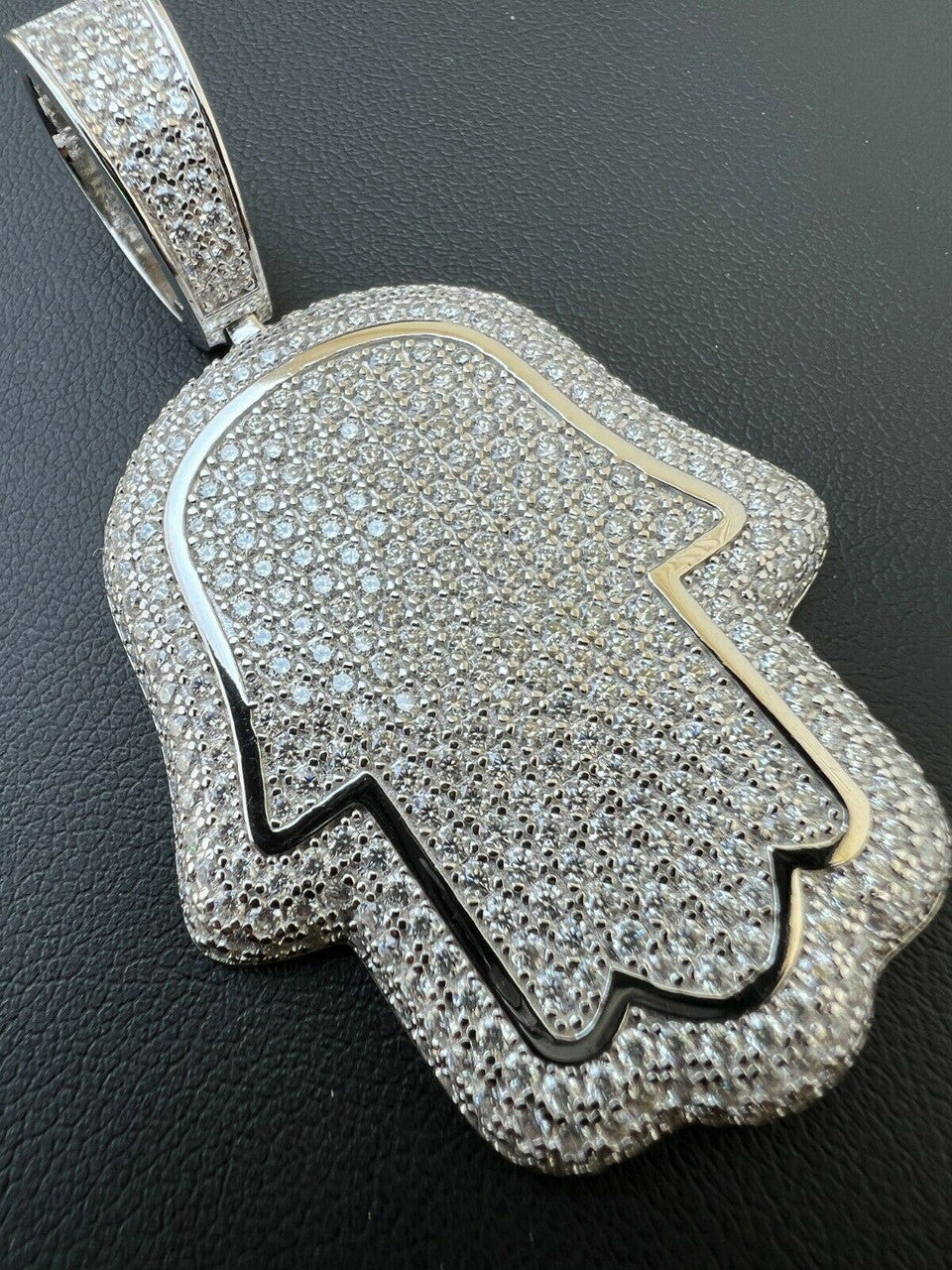 HarlemBling Real 925 Sterling Silver Hand Of God Hamsa Iced Hip Hop Diamond Pendant Necklace