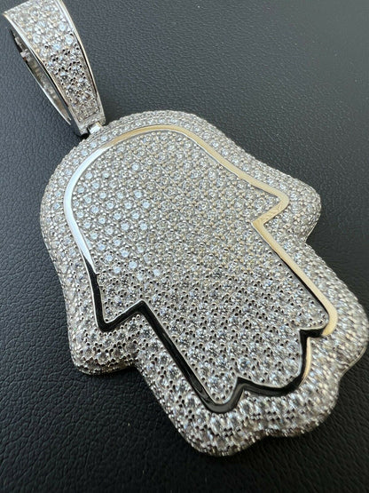 HarlemBling Real 925 Sterling Silver Hand Of God Hamsa Iced Hip Hop Diamond Pendant Necklace