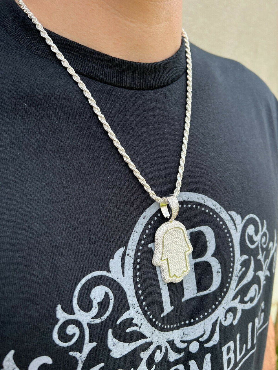 HarlemBling Real 925 Sterling Silver Hand Of God Hamsa Iced Hip Hop Diamond Pendant Necklace