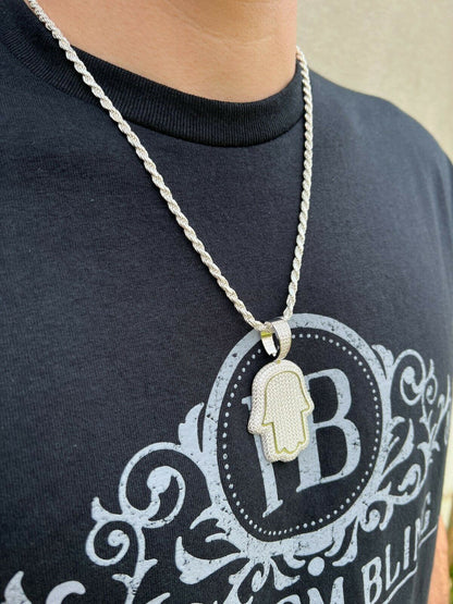 HarlemBling Real 925 Sterling Silver Hand Of God Hamsa Iced Hip Hop Diamond Pendant Necklace