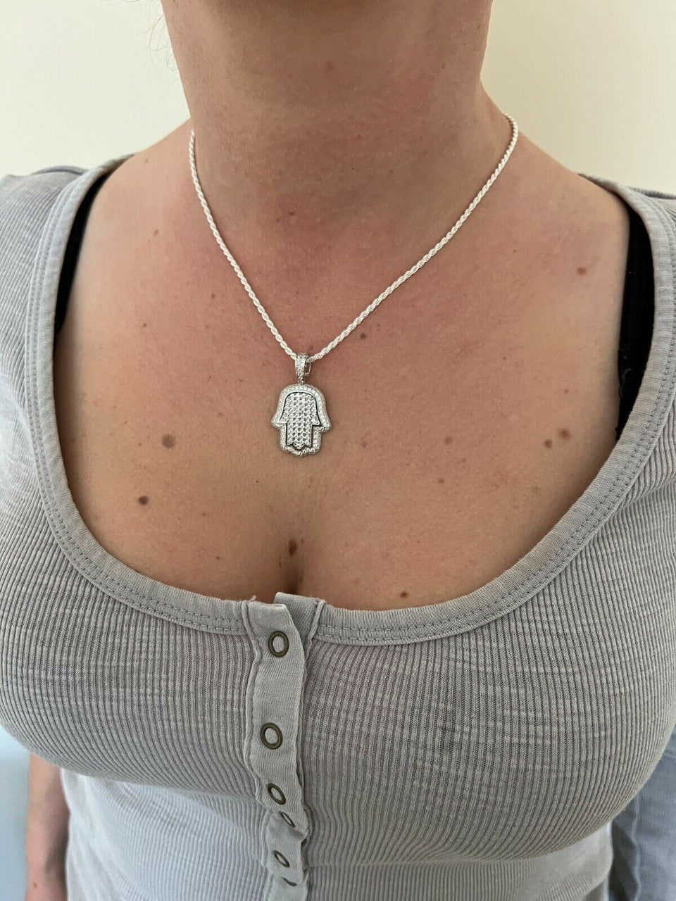 HarlemBling Real 925 Sterling Silver Hand Of God Hamsa Iced Hip Hop Diamond Pendant Necklace