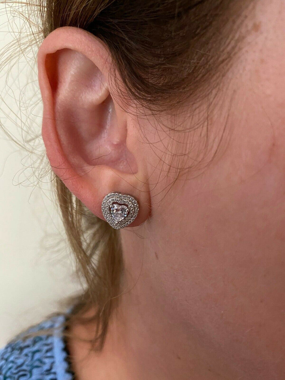 HarlemBling Real 925 Sterling Silver Heart Shape Earrings Large Diamond Studs Iced Ladies