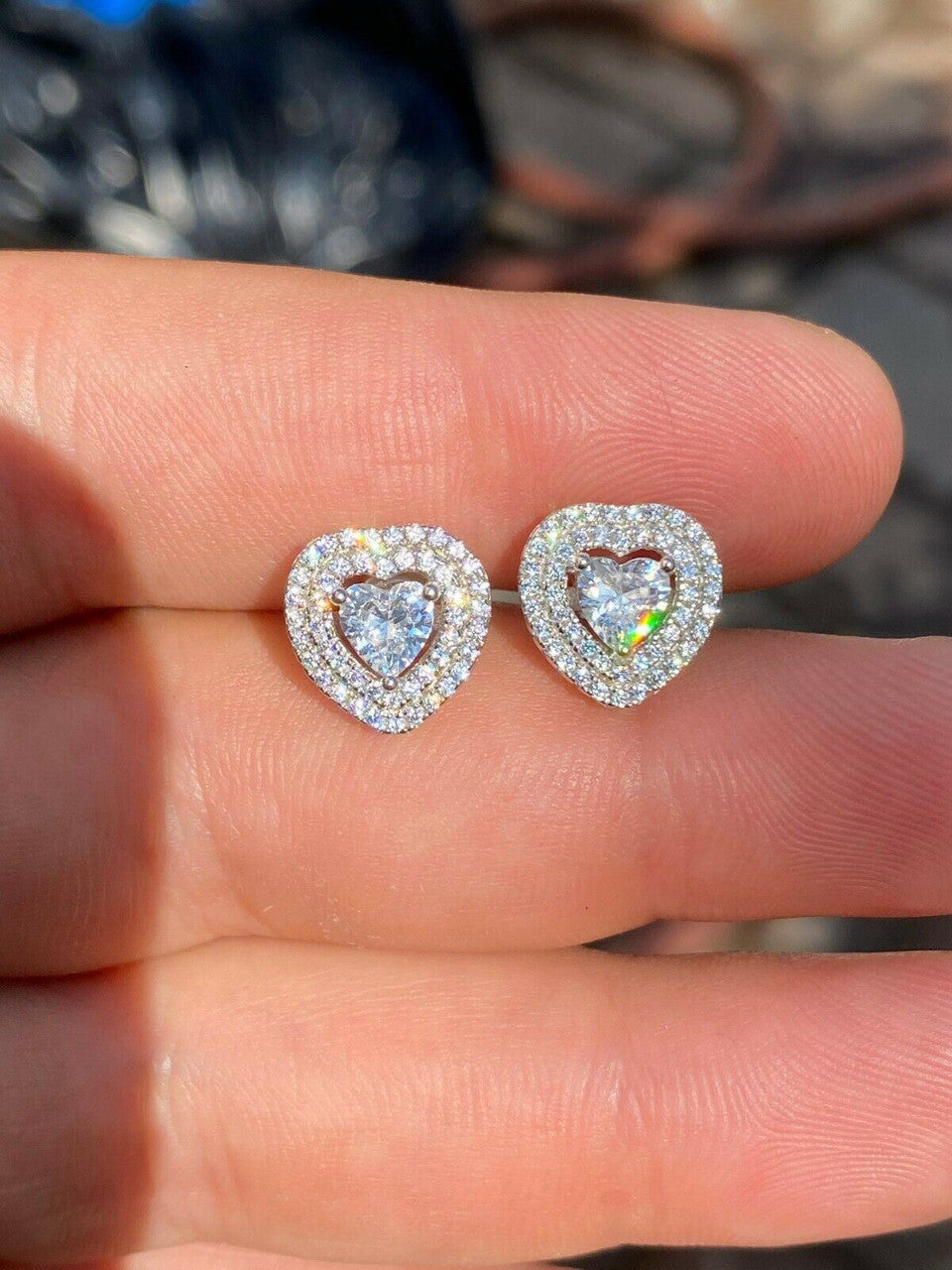 HarlemBling Real 925 Sterling Silver Heart Shape Earrings Large Diamond Studs Iced Ladies